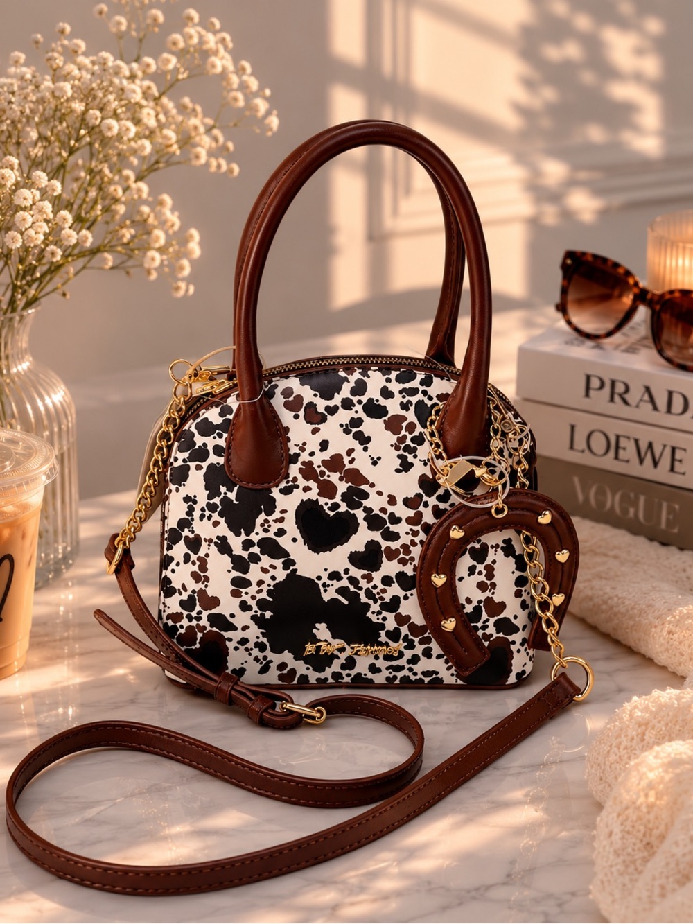 NWT Betsey Johnson Cow Print Crossbody Purse w/ Horseshoe Charm Western Handbag